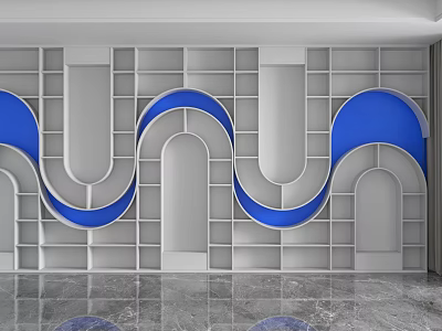 Modern White Shelving Unit With Blue Curved Decorations In Interior Space 3d model