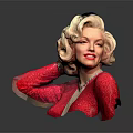Blonde Woman In Red Sparkly Outfit With Cute Puppy Sitting On Shiny Black Surface