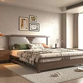 Cozy Bedroom With Wooden Headboard Patterned Quilt Pillows Nightstand Table Lamp And Wall Art