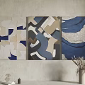 Three Abstract Paintings With Geometric Patterns Blue Beige Tones Wall Decor And Vase 3d model