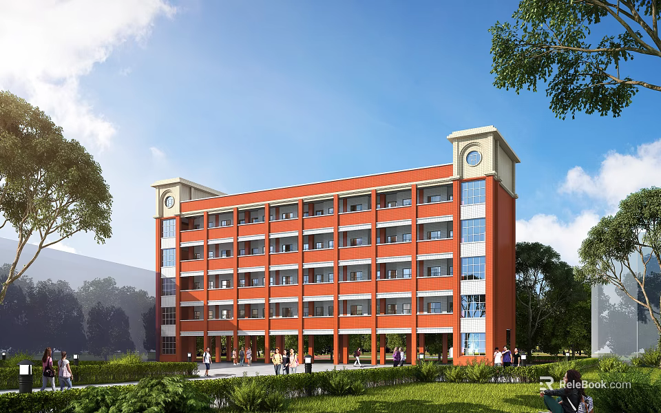 Red Multi Story School Building With Twin Towers Large Windows Green Lawns And Students Around 3d model 