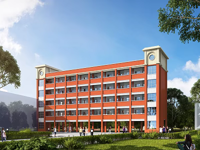 Red Multi Story School Building With Twin Towers Large Windows Green Lawns And Students Around 3d model