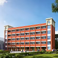 Red Multi Story School Building With Twin Towers Large Windows Green Lawns And Students Around