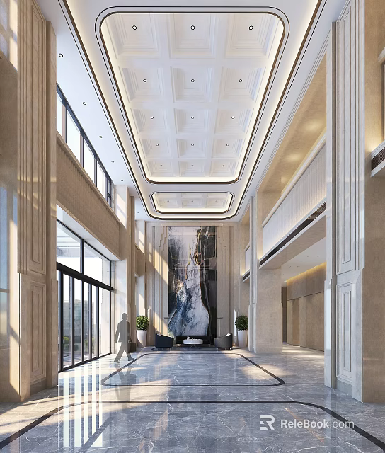 Spacious Service Hall Interior With Marble Floor Large Windows Decorative Painting And Green Plants 3d model 