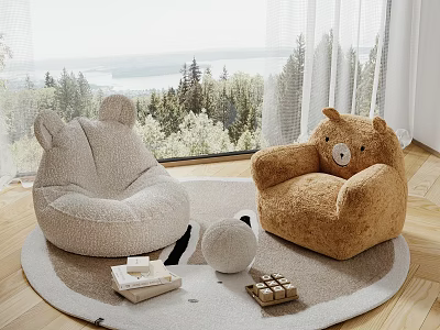 Cozy Bear Shaped Bean Bag Chairs Light Gray Brown By Window With Forest Lake View 3d model