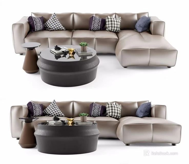 Modern Light Brown Leather Sectional Sofa With Patterned Pillows And Round Coffee Table 3d model
