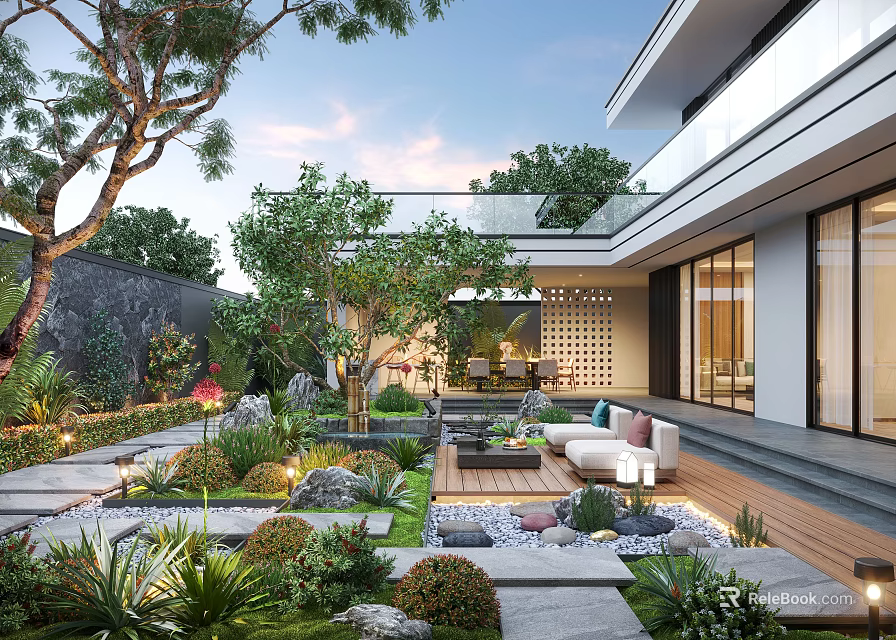 Modern Garden Patio Design With Wooden Deck Sofa Green Plants And Stone Pathway 3d model 