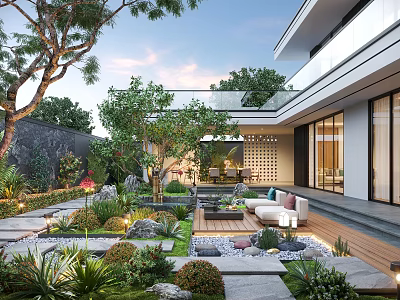 Modern Garden Patio Design With Wooden Deck Sofa Green Plants And Stone Pathway 3d model