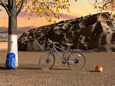 Bike Parked By Tree With Basketball And Rocks At Sunset 3d model
