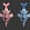 Low Poly Shark Figurines In Pink And Blue With White Bellies And Black Eyes