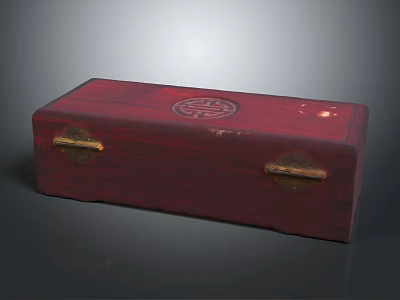 Red Wooden Box With Gold Metal Clasps And Circular Carved Design 3d model