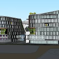 Modern Commercial Street With Curved Buildings Green Roofs And Glass Facades