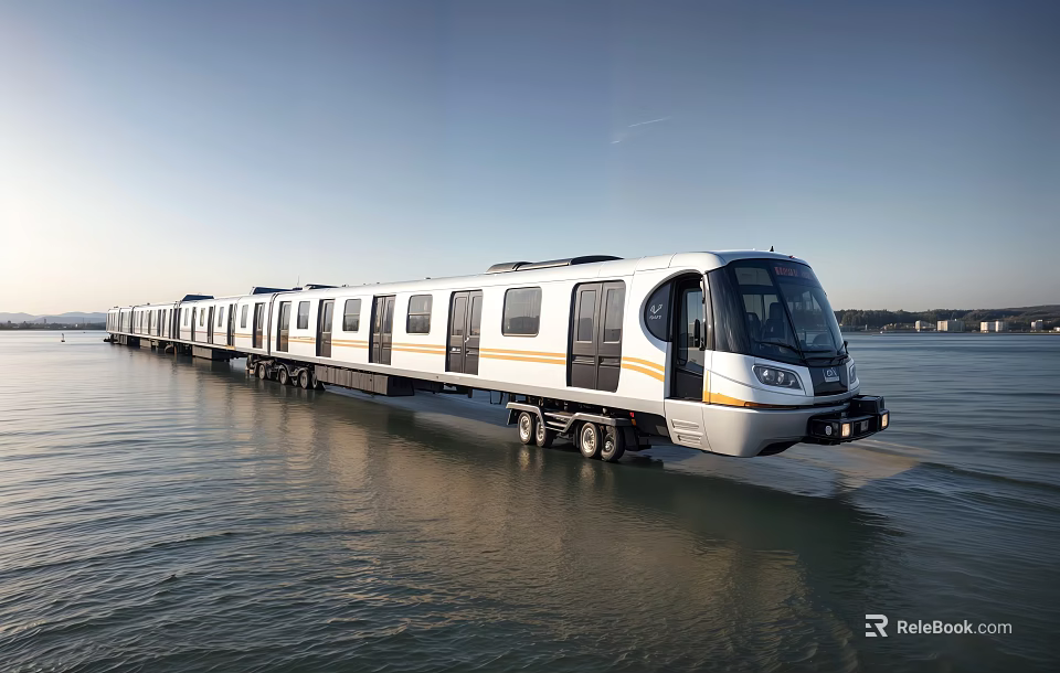 White Modern Amphibious Train Moving On Water Surface With Scenic Background 3d model 