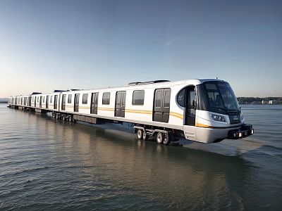 White Modern Amphibious Train Moving On Water Surface With Scenic Background 3d model