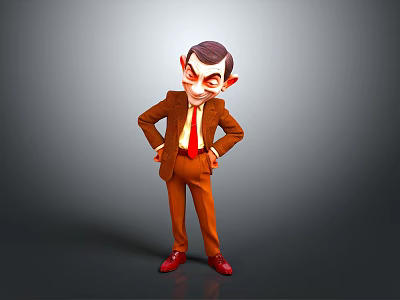 Cartoon Character In Brown Suit With Red Tie Red Shoes Dark Hair And Exaggerated Expression 3d model