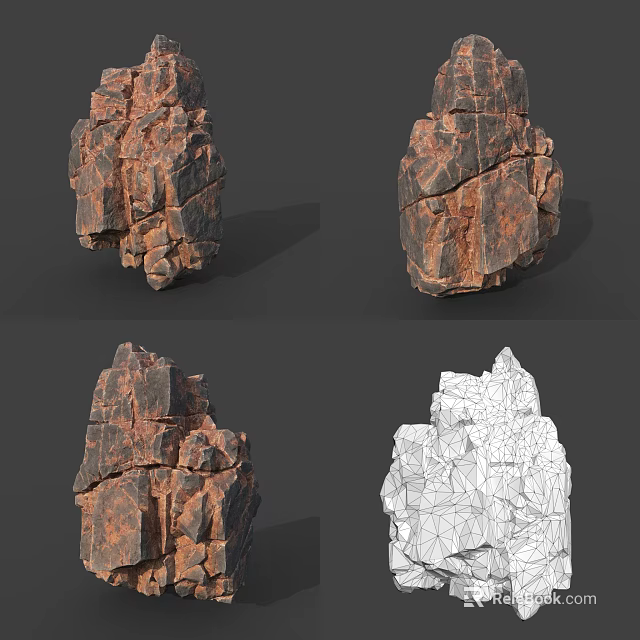 Detailed 3D Rock Models Featuring Textured Surfaces And Wireframe Visualization Views 3d model 