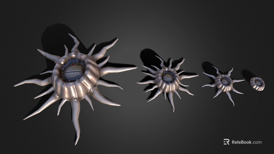 Three Silver Starfish Like Aquatic Animals With Spiny Tentacles On Black Background 3d model 