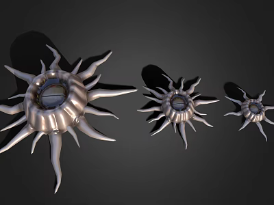 Three Silver Starfish Like Aquatic Animals With Spiny Tentacles On Black Background 3d model