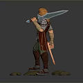 Game Character With Orange Hair In Armored Outfit Holding Weapon On Grass Rock Base Standing