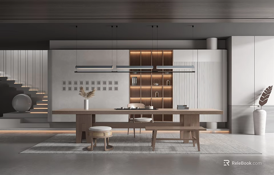 Modern Tea Room Interior With Wooden Long Table Soft Lighting And Bookshelf 3d model 