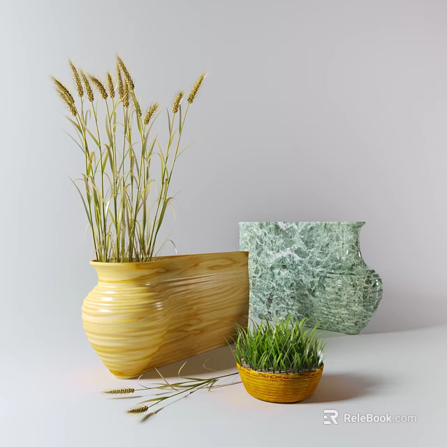 Yellow Green Marble Texture Ceramic Vessels With Grass And Small Potted Plant For Interior Decor 3d model 