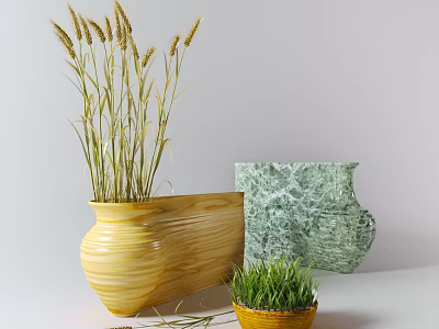 Yellow Green Marble Texture Ceramic Vessels With Grass And Small Potted Plant For Interior Decor 3d model