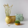 Yellow Green Marble Texture Ceramic Vessels With Grass And Small Potted Plant For Interior Decor