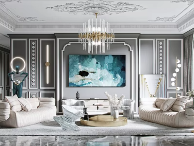Elegant Living Room Interior With Crystal Chandelier White Sofa And Abstract Wall Painting 3d model