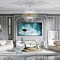 Elegant Living Room Interior With Crystal Chandelier White Sofa And Abstract Wall Painting