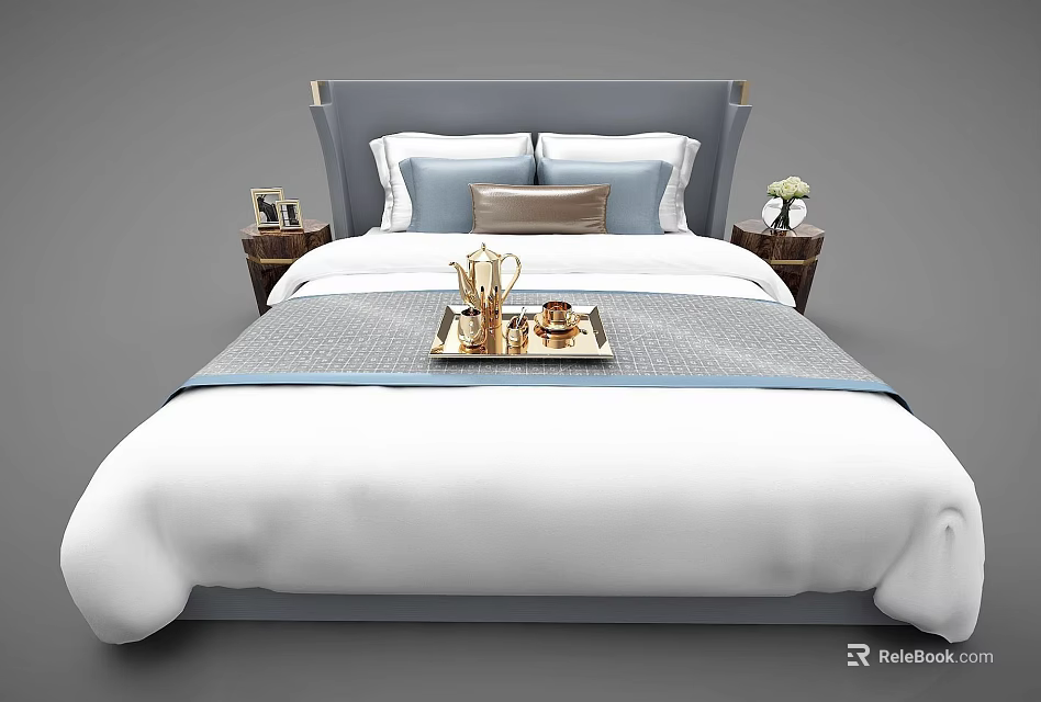 Double Bed with Gray Headboard White Sheets Pillows Nightstands Tray and Tea Set 3d model 
