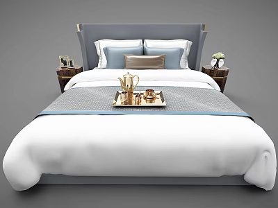 Double Bed with Gray Headboard White Sheets Pillows Nightstands Tray and Tea Set 3d model