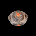 Traditional Decorative Household Container With Silver Body Intricate Patterns Orange Gemstone And Colorful Base Decorations