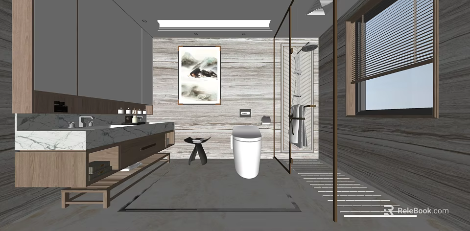 Modern Bathroom Interior Design With Marble Vanity Wooden Walls Toilet And Shower Area 3d model 