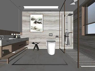 Modern Bathroom Interior Design With Marble Vanity Wooden Walls Toilet And Shower Area 3d model