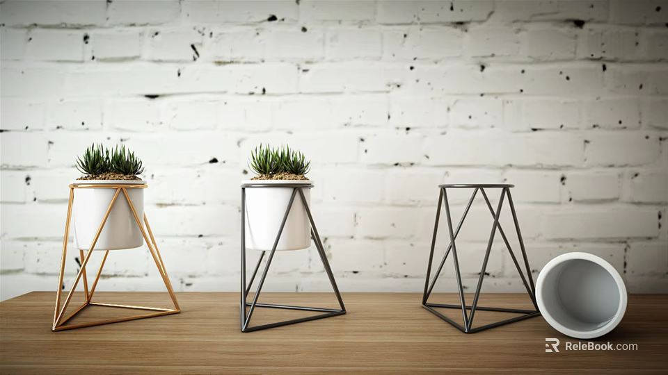Bonsai Potted Plants on Metal Stands with Various Designs Against White Brick Wall 3d model 