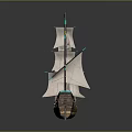 Historical Wooden Sailing Ship Model with Multiple White Sails Colorful Flags and Green Hull Accents
