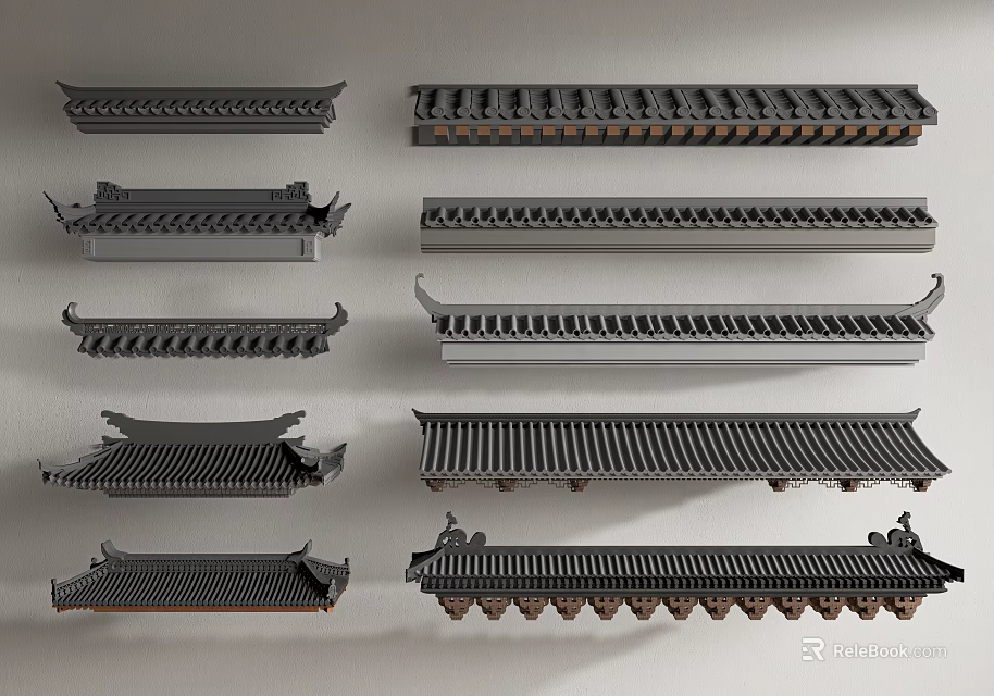Traditional Roof Architectural Components With Various Eave Styles And Intricate Tile Designs 3d model 