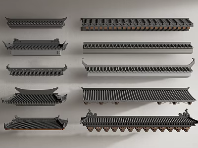 Traditional Roof Architectural Components With Various Eave Styles And Intricate Tile Designs 3d model