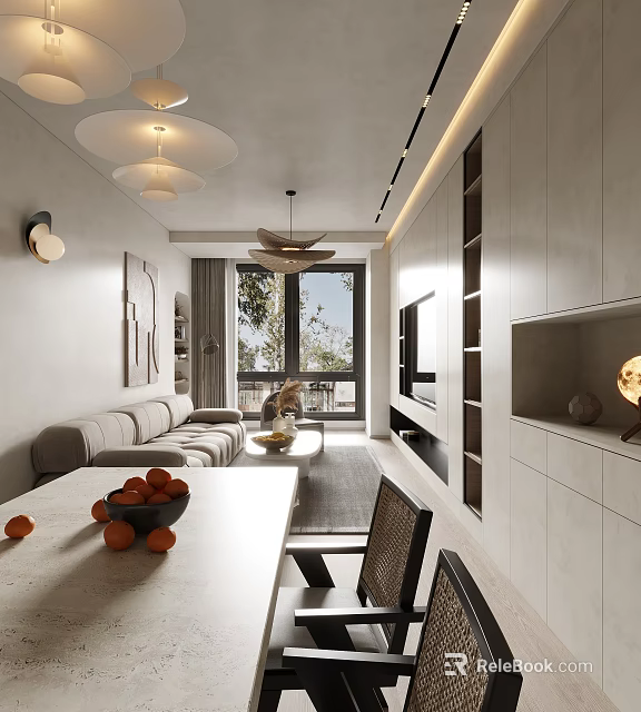 Modern Bright Open Living And Dining Room Interior Design With Large Floor To Ceiling Windows 3d model 