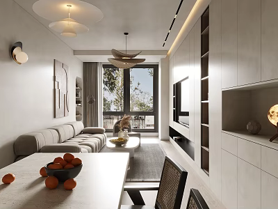 Modern Bright Open Living And Dining Room Interior Design With Large Floor To Ceiling Windows 3d model