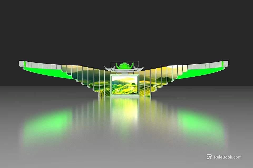 Modern Computer Display Stand With White Green Design Wing Shaped Extensions Central Natural Screen 3d model