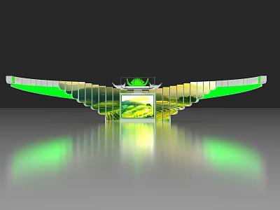 Modern Computer Display Stand With White Green Design Wing Shaped Extensions Central Natural Screen 3d model