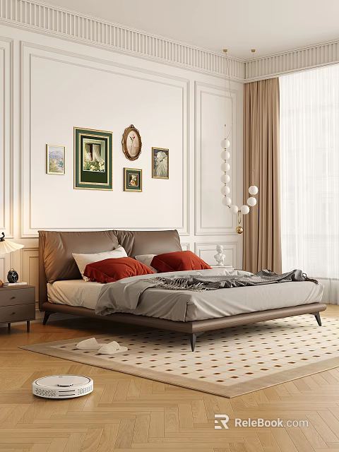 Elegant Bedroom Interior Design With Brown Headboard Red White Pillows And Multiple Wall Artworks 3d model 