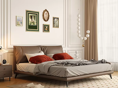 Elegant Bedroom Interior Design With Brown Headboard Red White Pillows And Multiple Wall Artworks 3d model