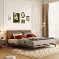 Elegant Bedroom Interior Design With Brown Headboard Red White Pillows And Multiple Wall Artworks