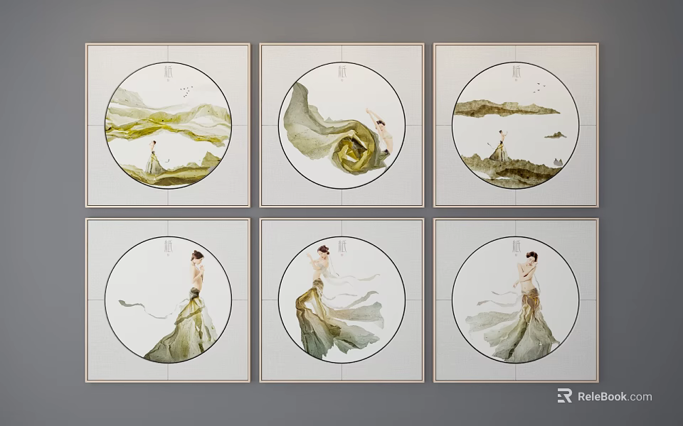 Traditional Chinese Figure Paintings With Circular Frames And Elegant Ink Wash Landscapes 3d model 