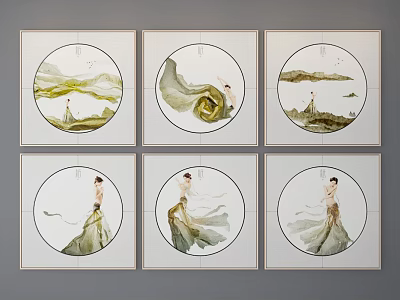 Traditional Chinese Figure Paintings With Circular Frames And Elegant Ink Wash Landscapes 3d model