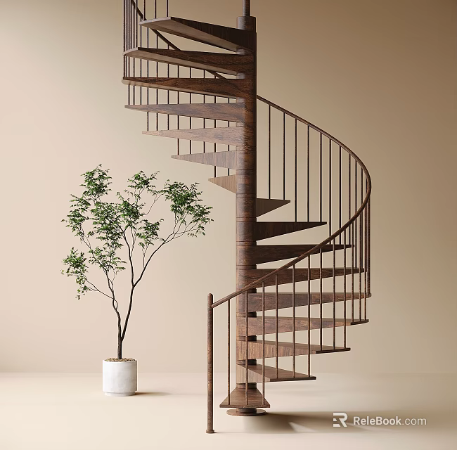 Modern Spiral Staircase With Wooden Steps And Metal Railings Near Green Plant In White Planter 3d model 