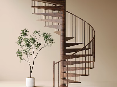 Modern Spiral Staircase With Wooden Steps And Metal Railings Near Green Plant In White Planter 3d model