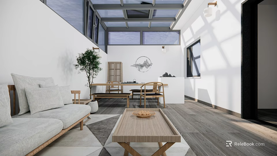 Modern Villa Balcony Interior With Wooden Furniture Green Plant White Walls And Skylight 3d model 